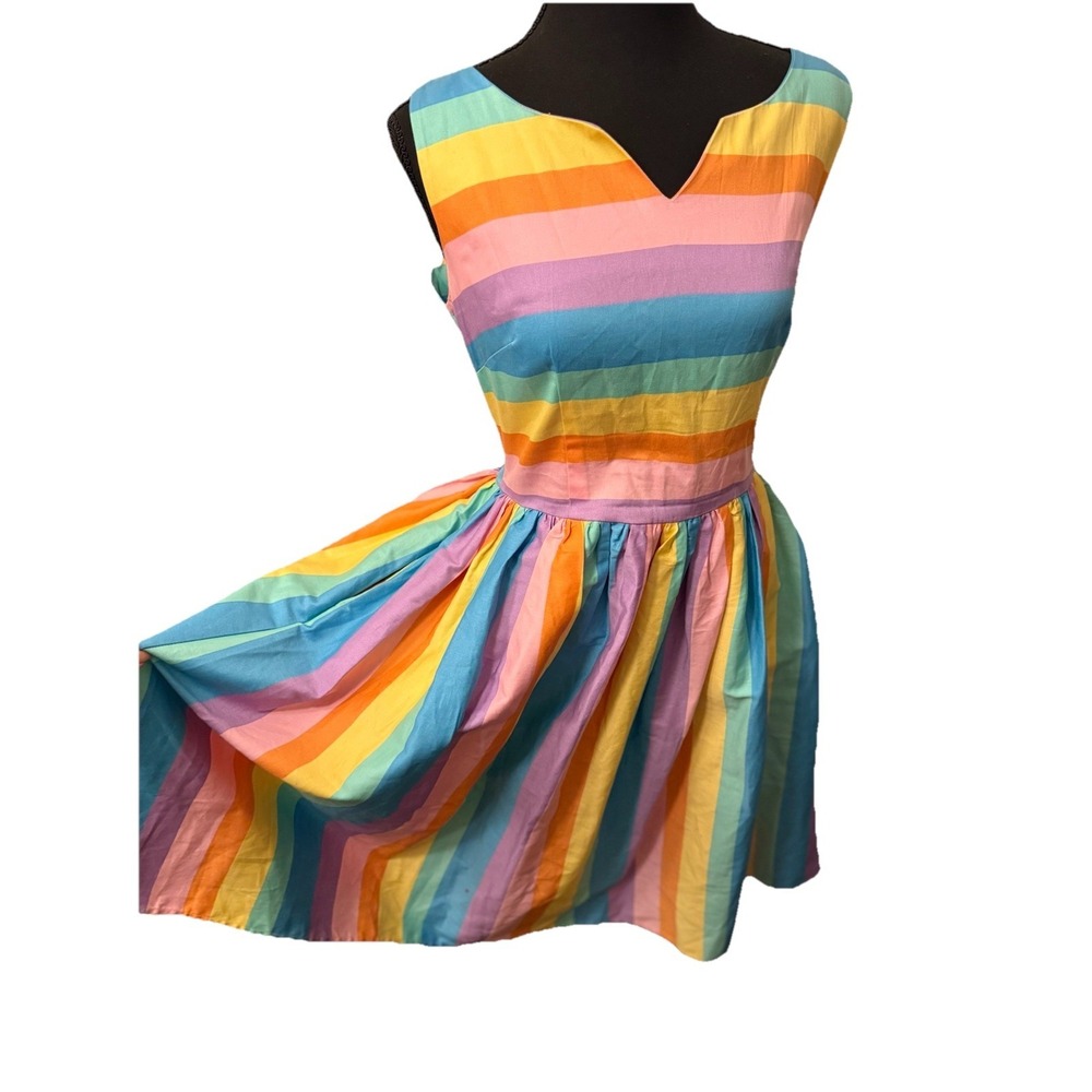 ModCloth X Collectif Rainbow Stripe Dress M Retro Rockabilly Pastel Swing Dress